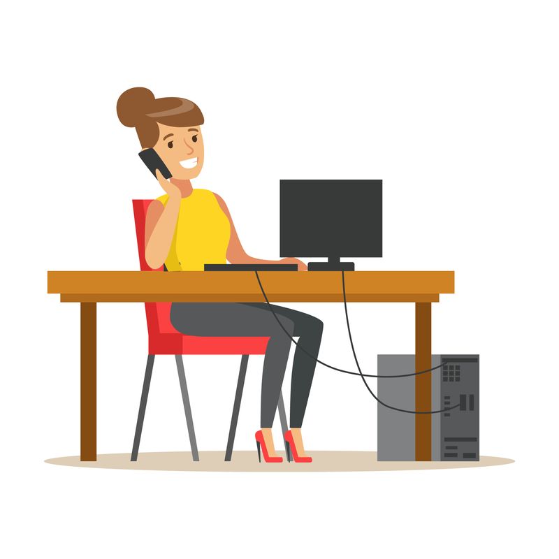 Graphic of a young trendy lady smiling, talking on a mobile phone while sitting at a desk with a computer