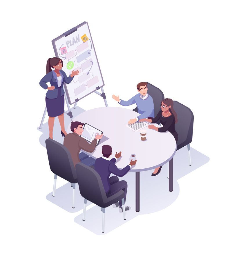A graphic representing Chartfords accounting staff in an office having a meeting discussing a strategic services program program